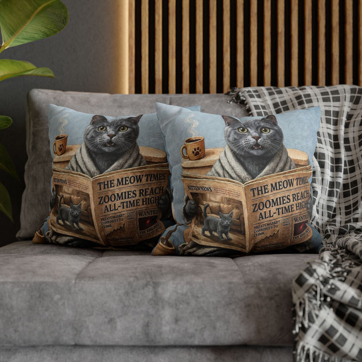 "Morning Business" - Solid Grey Throw Pillow - Cat Lover Home Decor
