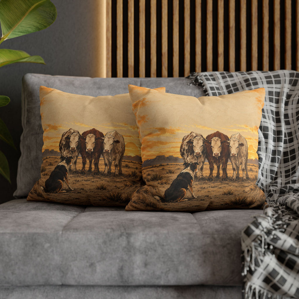 The Ranch Hand – Western Decor with a Dog Herding Stubborn Cows – Pillow / Cover