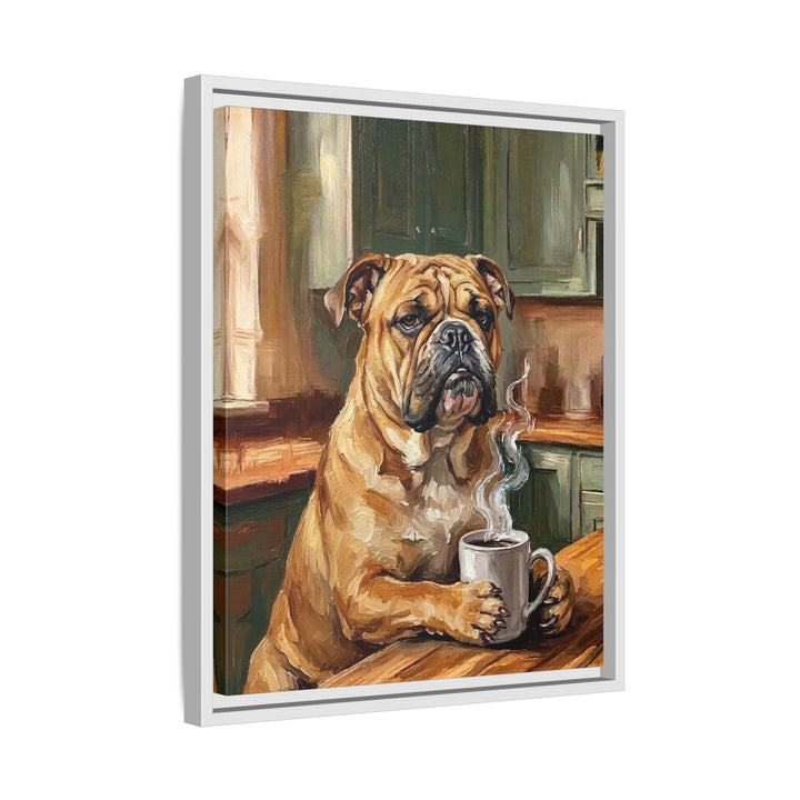 "Before Coffee" - English Bulldog Vertical Framed Canvas - Dog Lover Wall Art