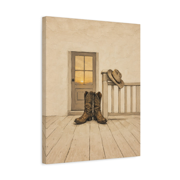 Boots Off The Porch – Western Wall Art with Worn Leather by the Door – Canvas / Framed Canvas