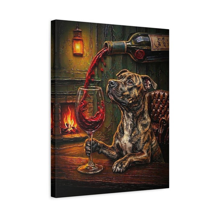 "Wine & Woof" - Pit Bull Vertical Canvas - Dog Lover Wall Art