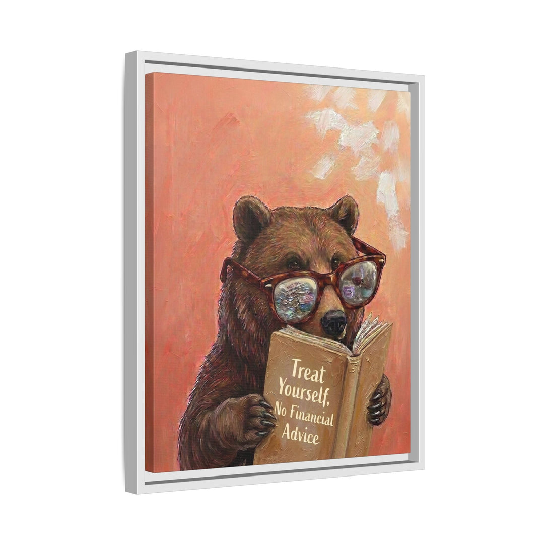 "Treat Yourself" - Bear Vertical Framed Canvas - Animal Book Humor Wall Art
