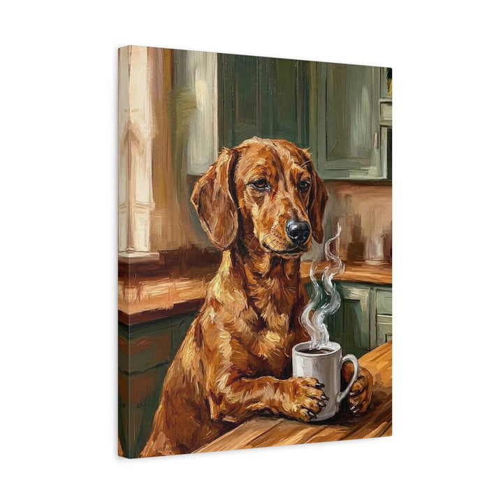 "Before Coffee" - Dachshund Vertical Canvas - Dog Lover Wall Art