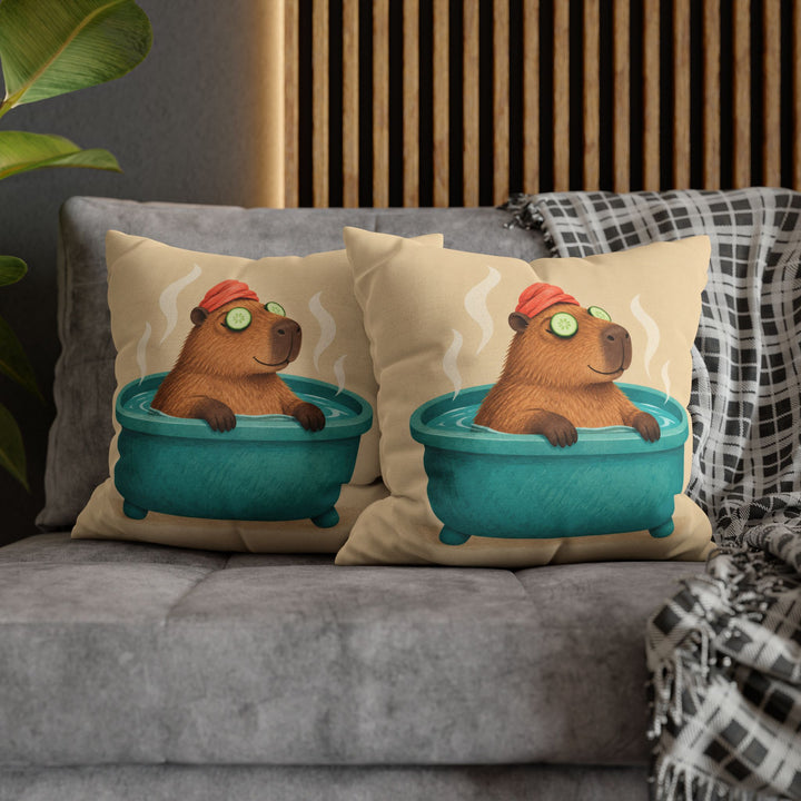 The Deep Soak – Capybara Wall Art in a Steaming Spa Bath – Pillow / Cover