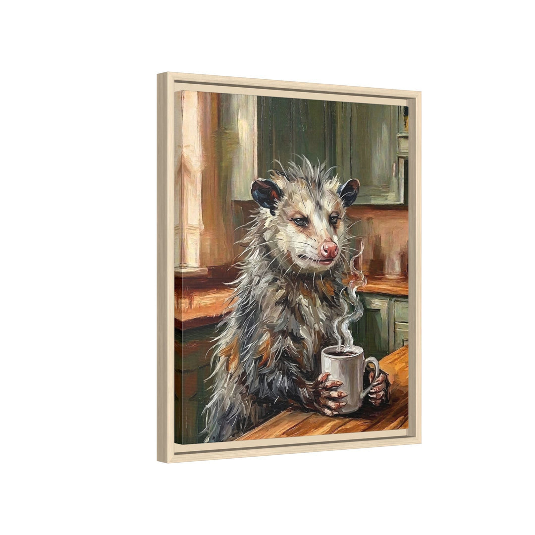 "Coffee & Silence" - Opossum Vertical Framed Canvas - Spirit Animal Wall Art