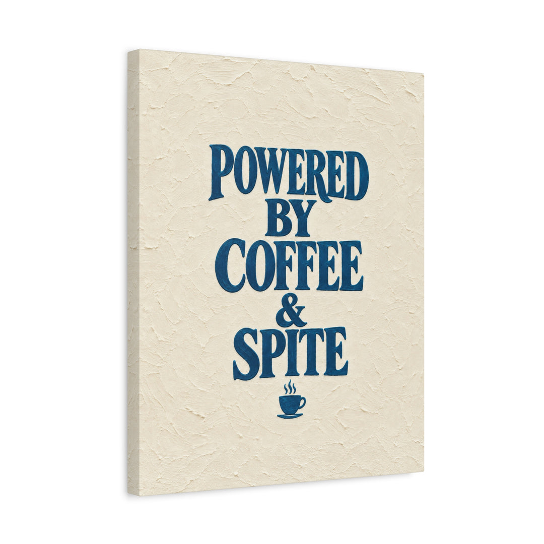 Powered By Coffee & Spite – Funny Wall Art with Elegant Serif and a Steaming Cup – Canvas / Framed Canvas