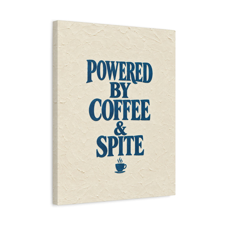 Powered By Coffee & Spite – Funny Wall Art with Elegant Serif and a Steaming Cup – Canvas / Framed Canvas