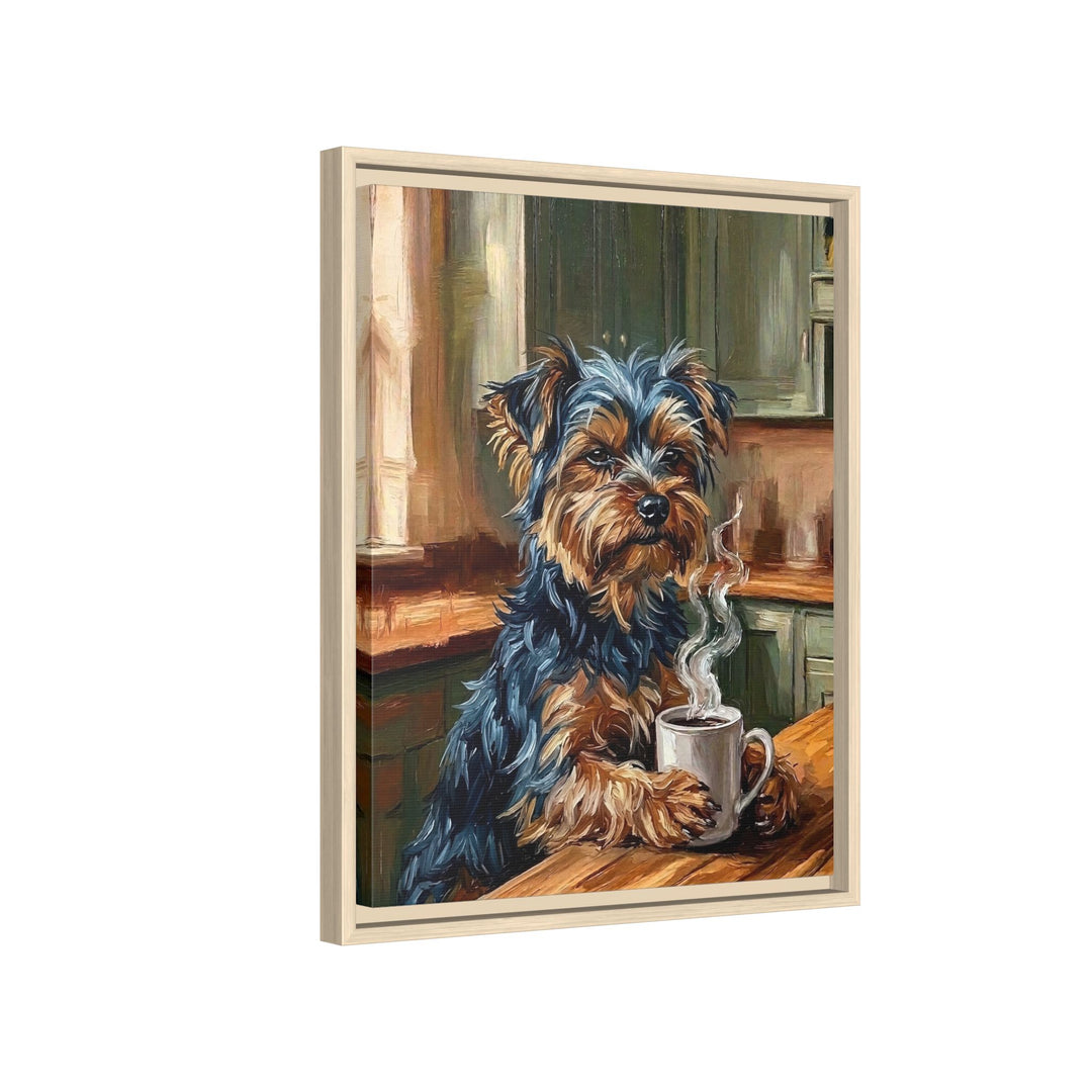 "Before Coffee" - Yorkie Vertical Framed Canvas - Dog Lover Wall Art