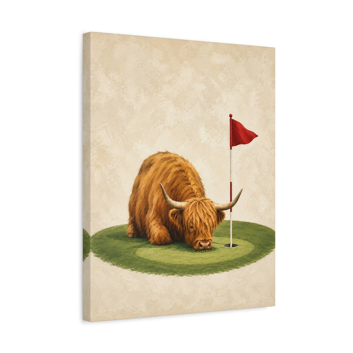 Putting Green Keeper – Golf Wall Art with a Highland Cow Grazing to Height – Canvas / Framed Canvas