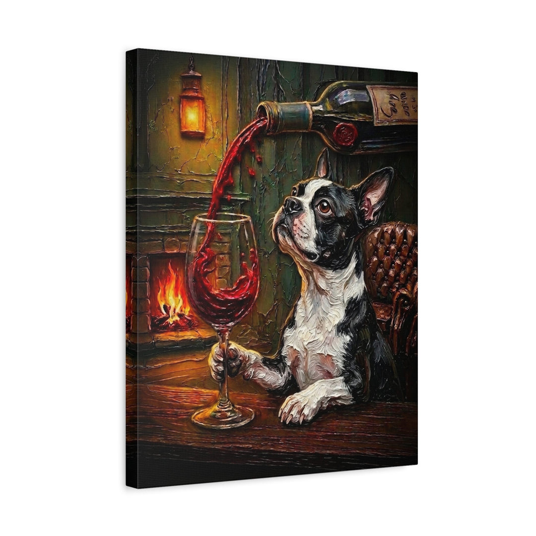 "Wine & Woof" - Boston Terrier Vertical Canvas - Dog Lover Wall Art