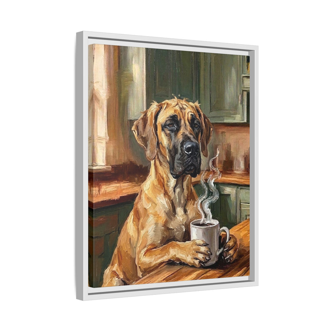 "Before Coffee" - Great Dane Vertical Framed Canvas - Dog Lover Wall Art