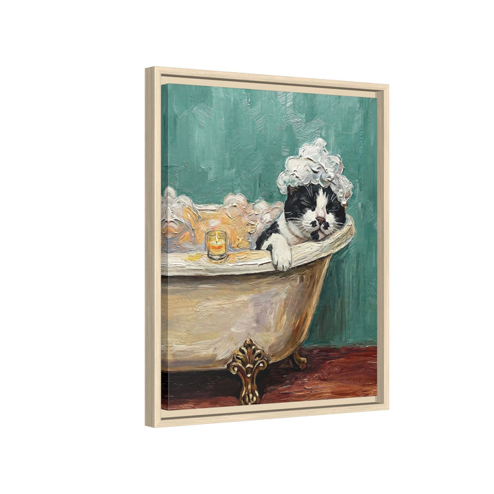 "Spa Day" - Black & White Bicolor Vertical Framed Canvas - Cat Lover Wall Art
