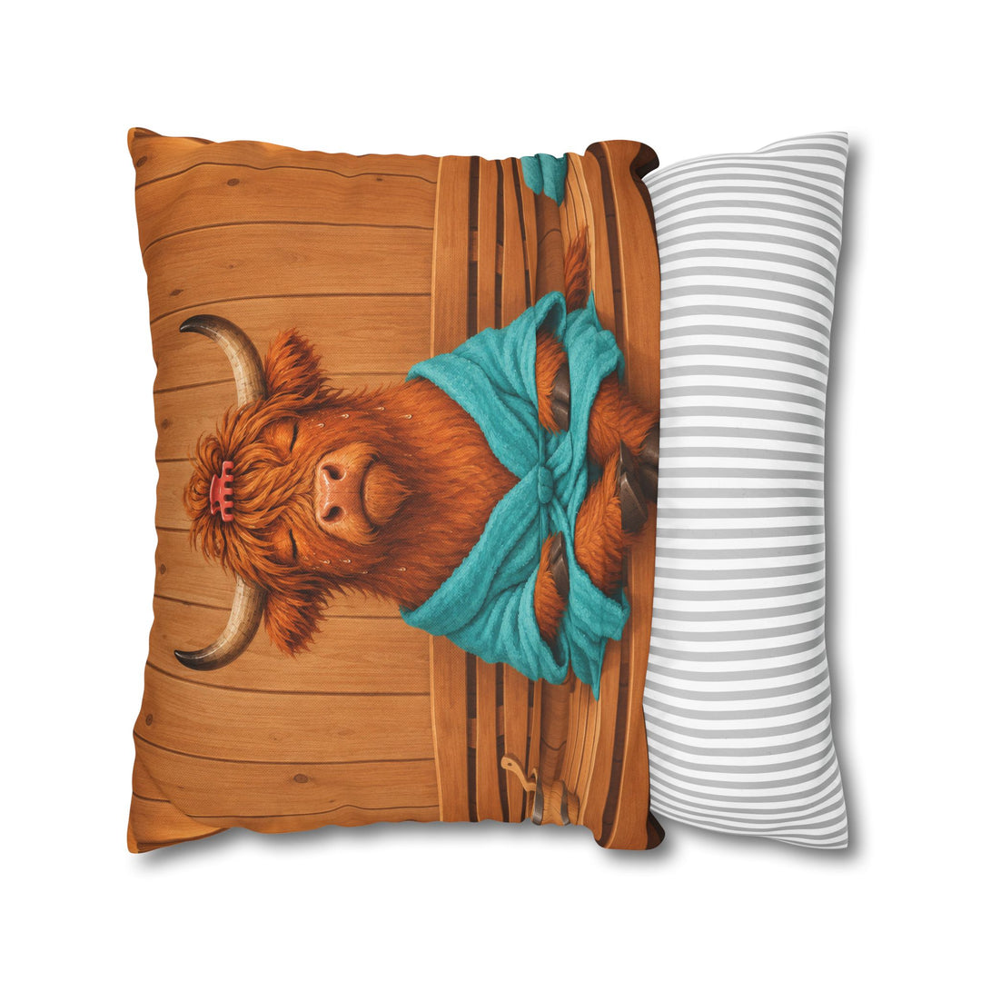 Steam Room – Highland Cow Art in a Sauna Towel – Pillow / Cover