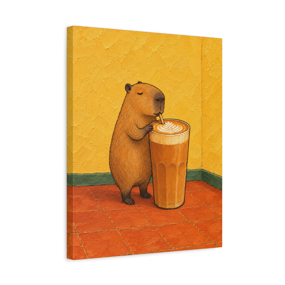 Latte Capybara – Coffee Wall Art with a Calm Rodent in a Sunlit Cafe – Canvas / Framed Canvas