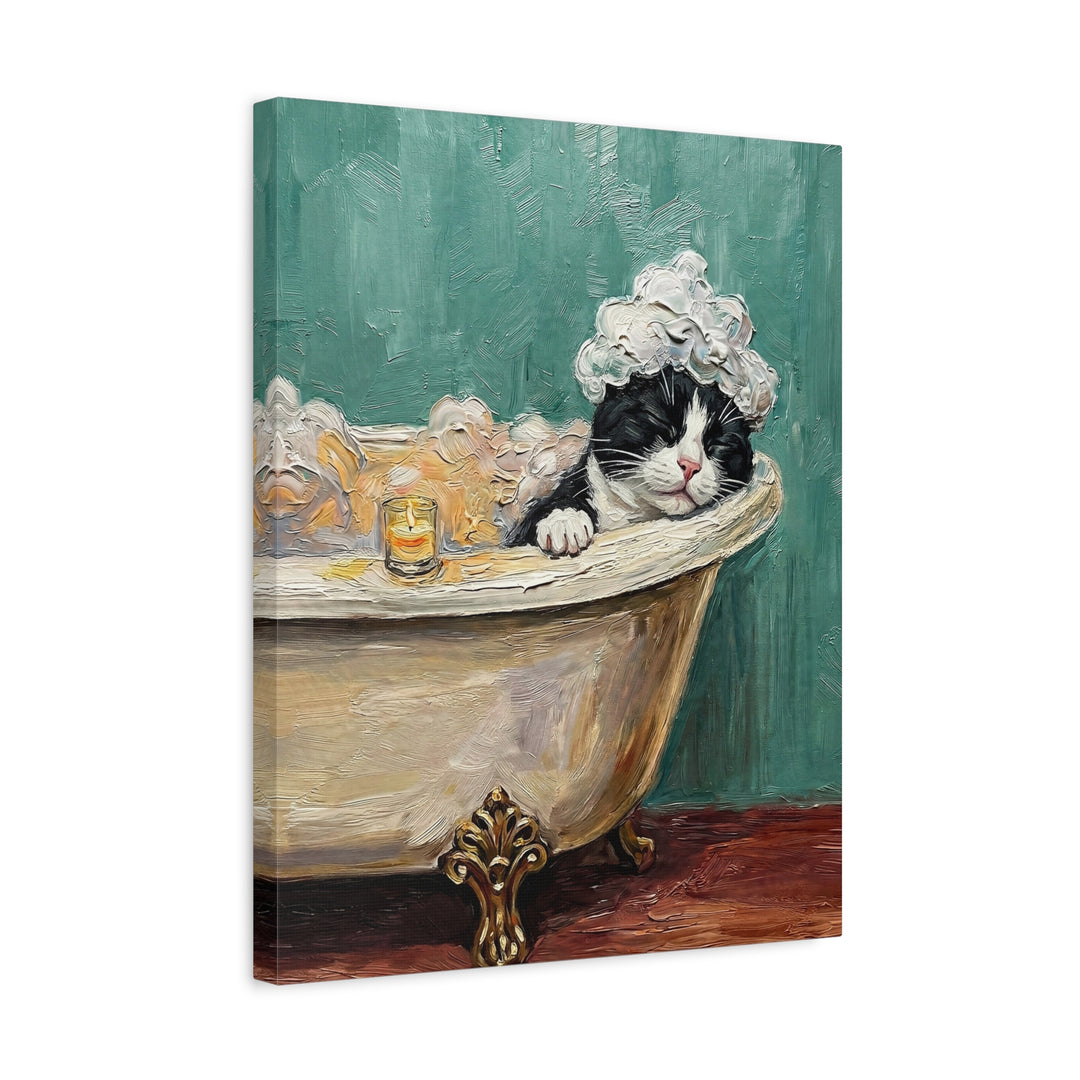 "Spa Day" - Tuxedo Vertical Canvas - Cat Lover Wall Art