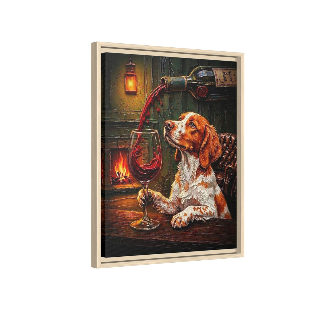 "Wine & Woof" - Brittany Spaniel Vertical Framed Canvas - Dog Lover Wall Art