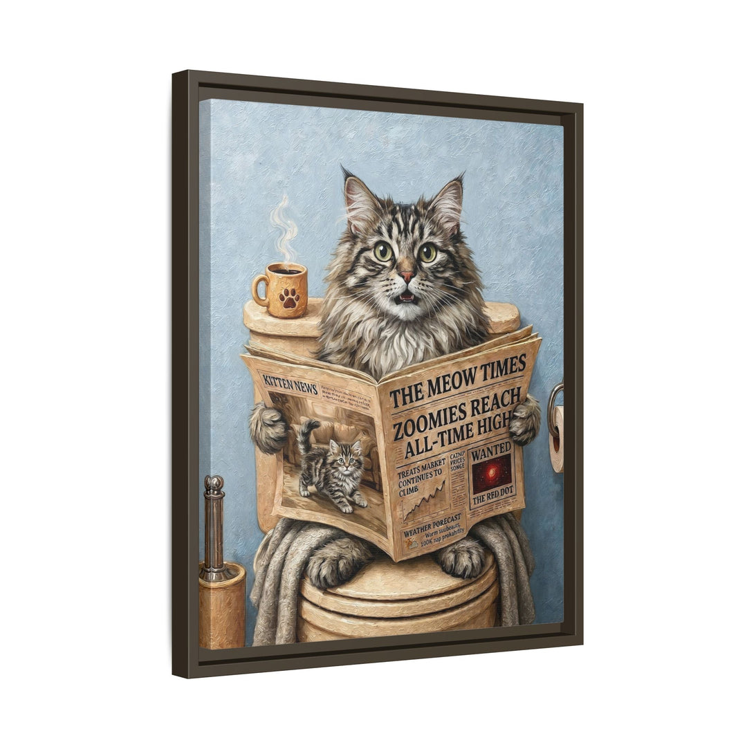 "Morning Business" - Fluffy Tabby Longhair Vertical Framed Canvas - Cat Lover Wall Art