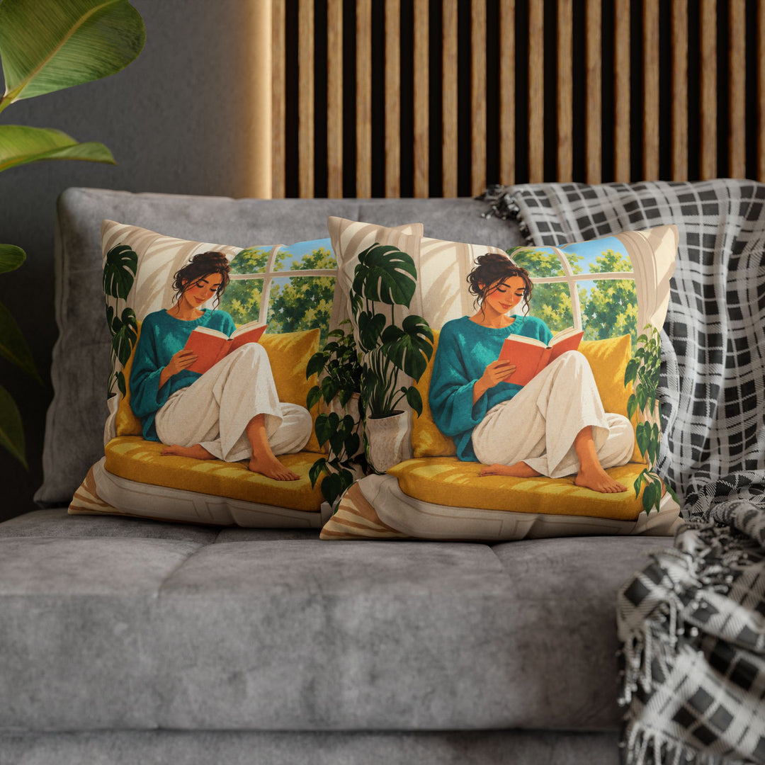 Woman Reading, Sunday – Reading Art with a Sunlit Yellow Window Seat – Pillow / Cover