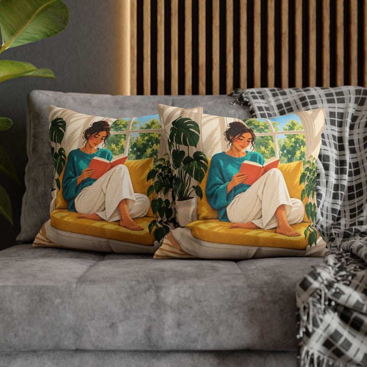 Woman Reading, Sunday – Reading Art with a Sunlit Yellow Window Seat – Pillow / Cover