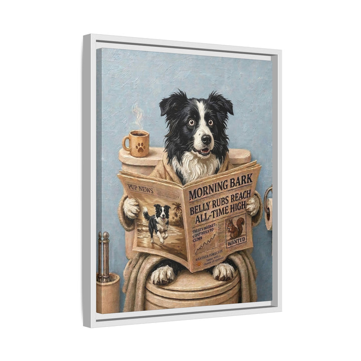 "Morning Business" - Border Collie Vertical Framed Canvas - Dog Lover Wall Art