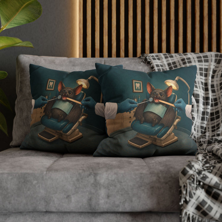 The Fang Checkup – Halloween Wall Art with a Brave Bat at a Dental Mirror – Pillow / Cover