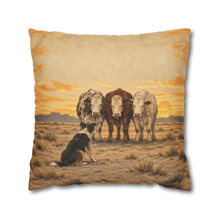 The Ranch Hand – Western Decor with a Dog Herding Stubborn Cows – Pillow / Cover