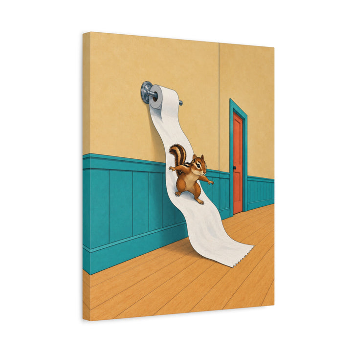 The Great Unroll – Funny Toilet Art with a Chipmunk Riding the Roll – Canvas / Framed Canvas