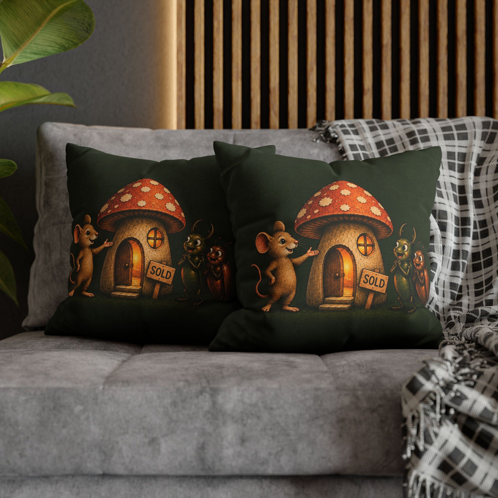 Mushroom Real Estate – Funny Mouse Art with a Realtor and a Hollow Home – Pillow / Cover