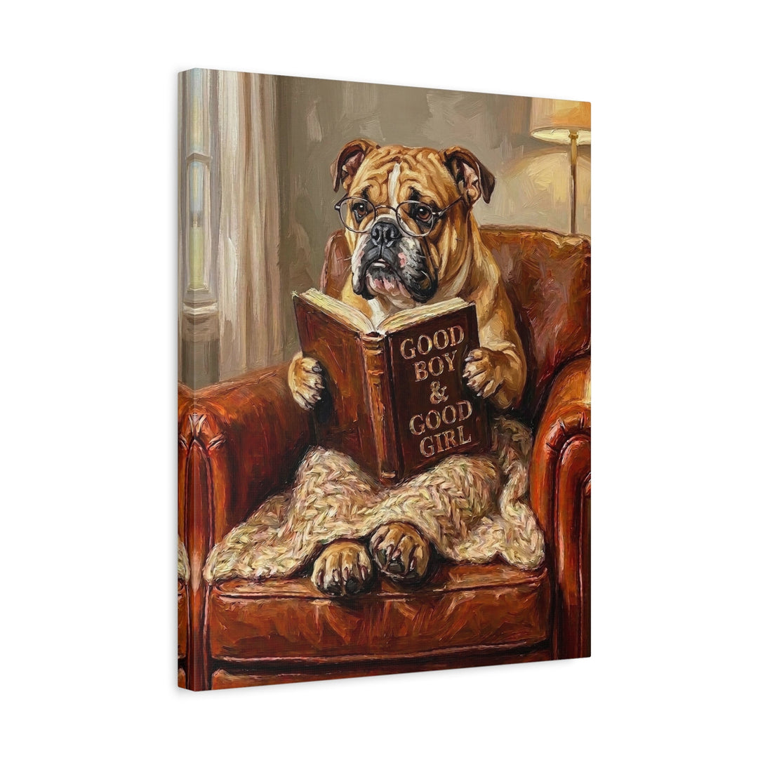 "Evening Read" - English Bulldog Vertical Canvas - Dog Lover Wall Art