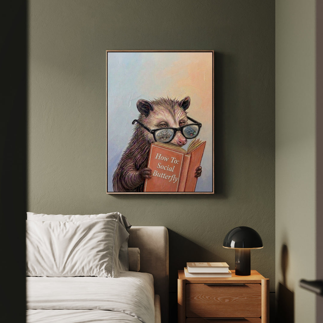 "How To Social Butterfly" - Opossum Vertical Framed Canvas - Animal Book Humor Wall Art