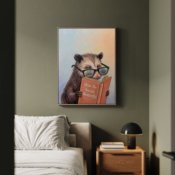 "How To Social Butterfly" - Opossum Vertical Framed Canvas - Animal Book Humor Wall Art
