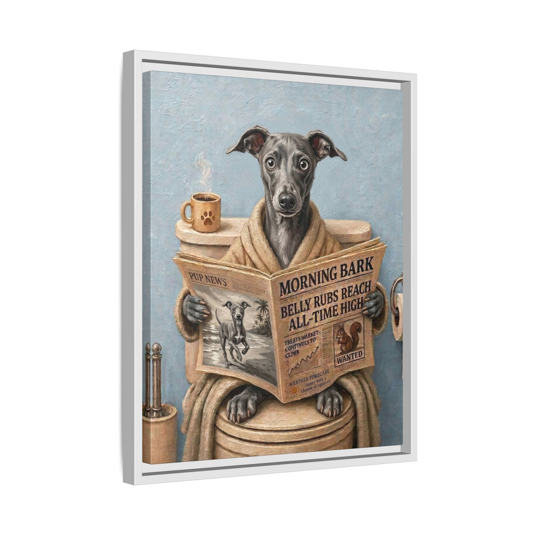 "Morning Business" - Italian Greyhound Vertical Framed Canvas - Dog Lover Wall Art