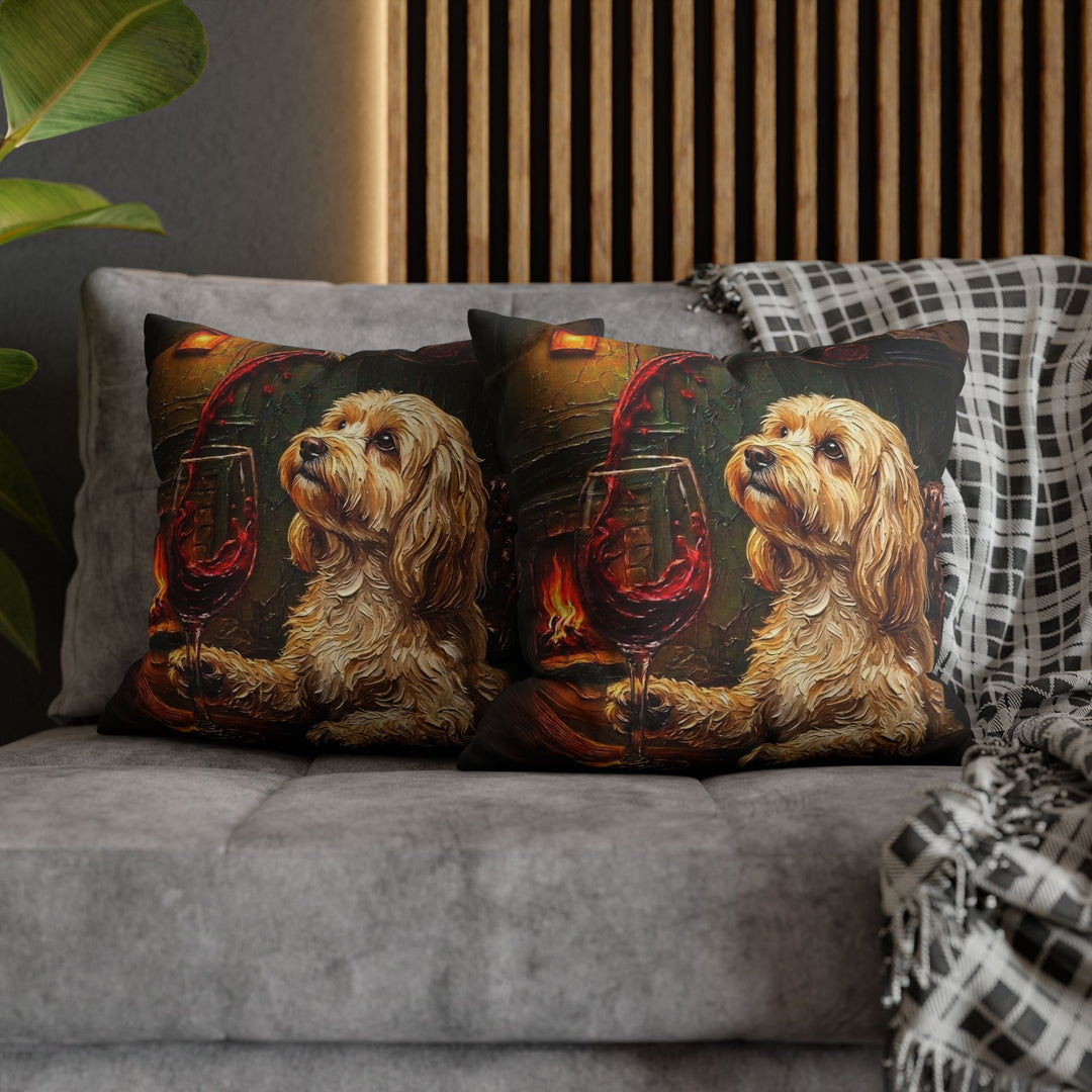 "Wine & Woof" - Havanese Throw Pillow - Dog Lover Home Decor