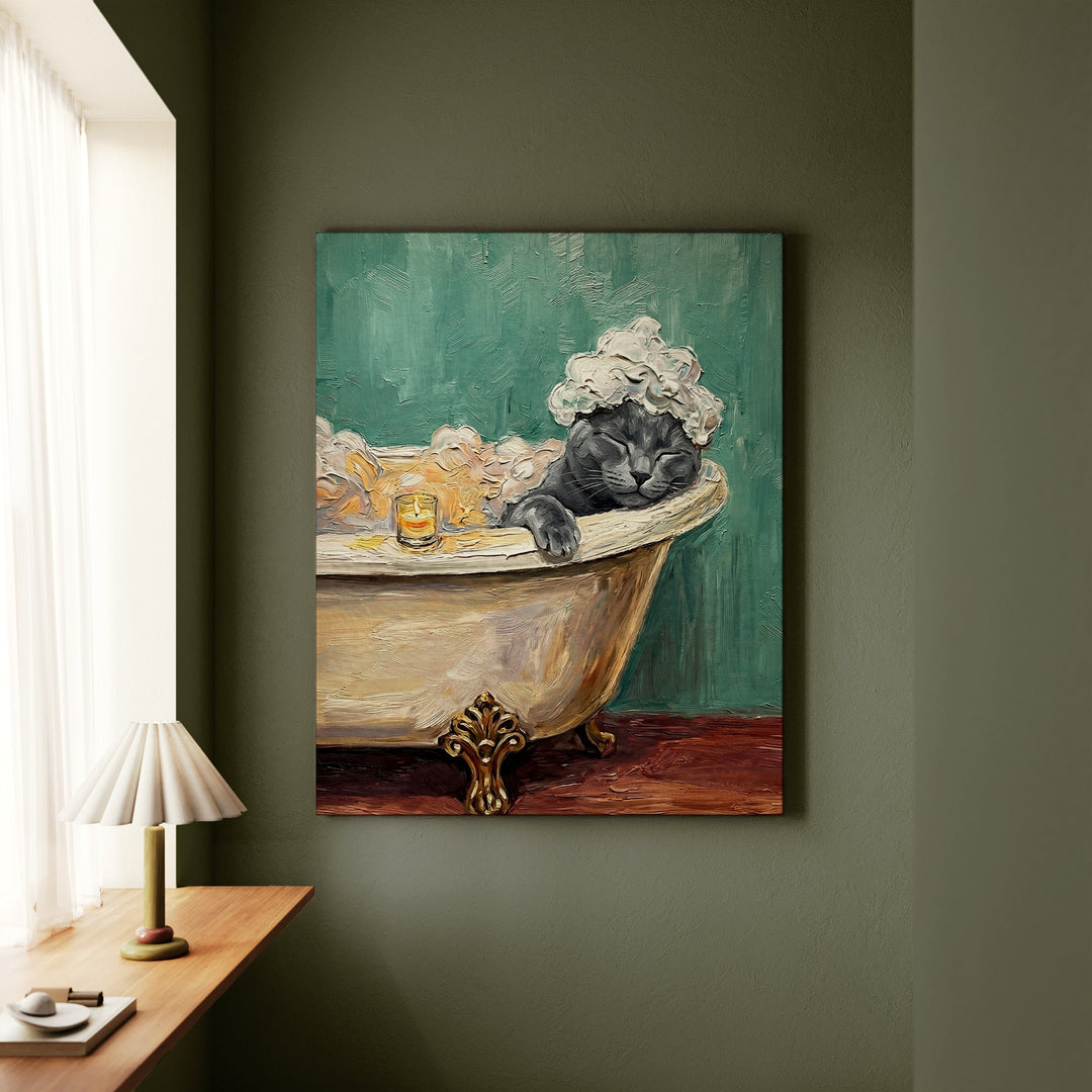 "Spa Day" - Solid Grey Vertical Canvas - Cat Lover Wall Art