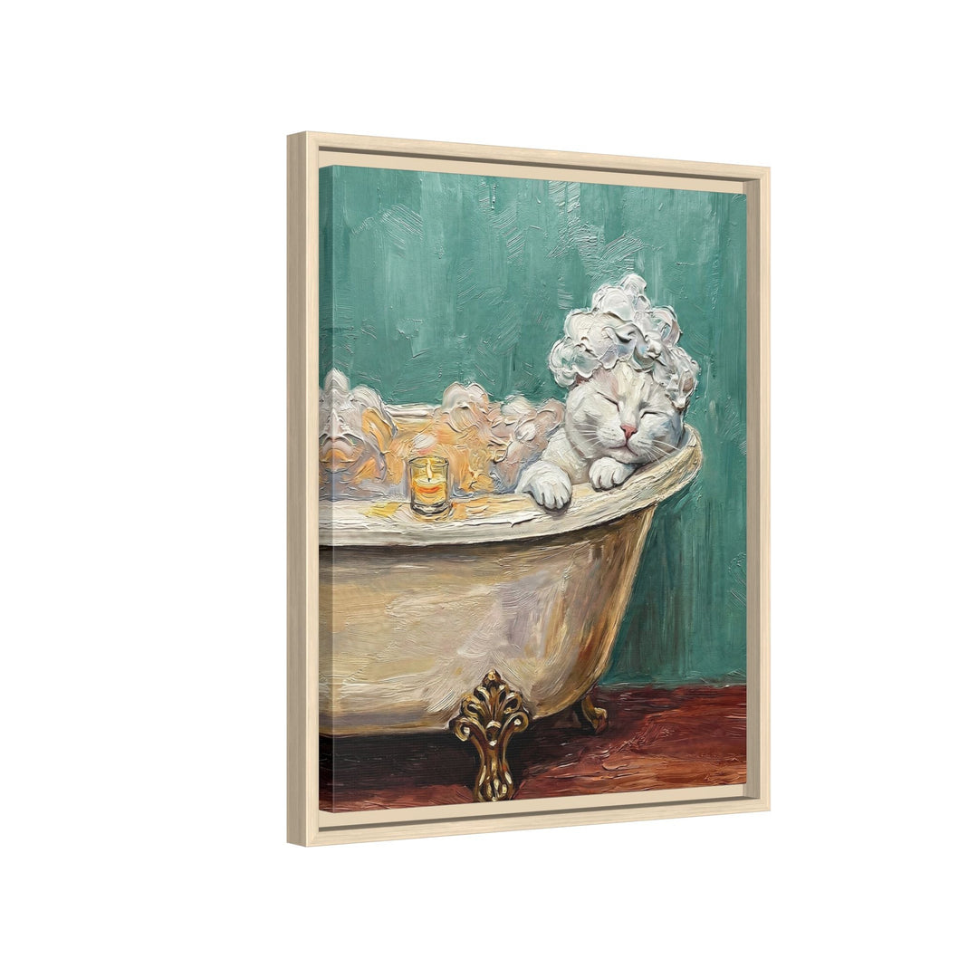 White Cat in Bathtub Funny Bathroom Art, Spa Day Cat Print, Canvas or Framed Wall Art