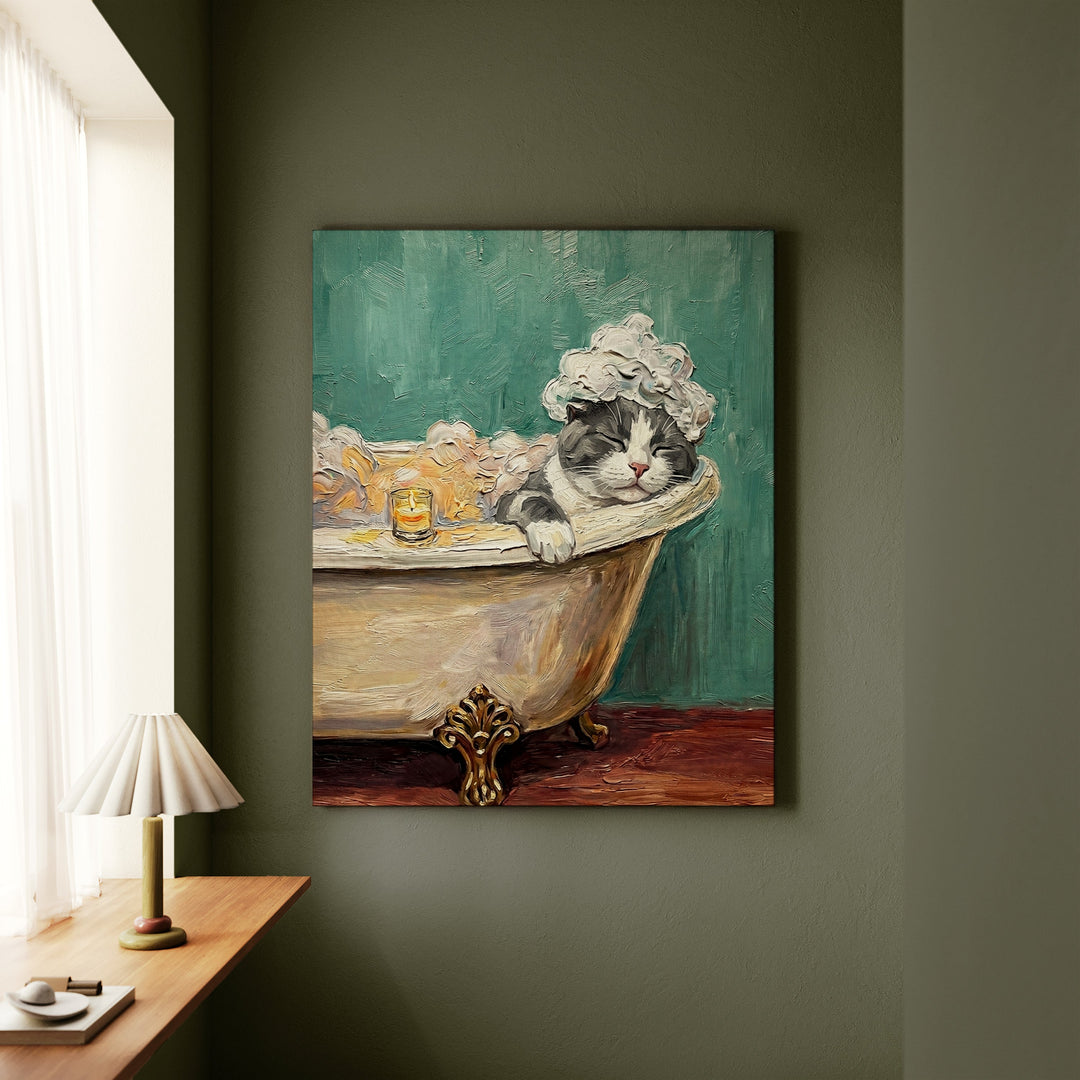 "Spa Day" - Grey & White Bicolor Vertical Canvas - Cat Lover Wall Art