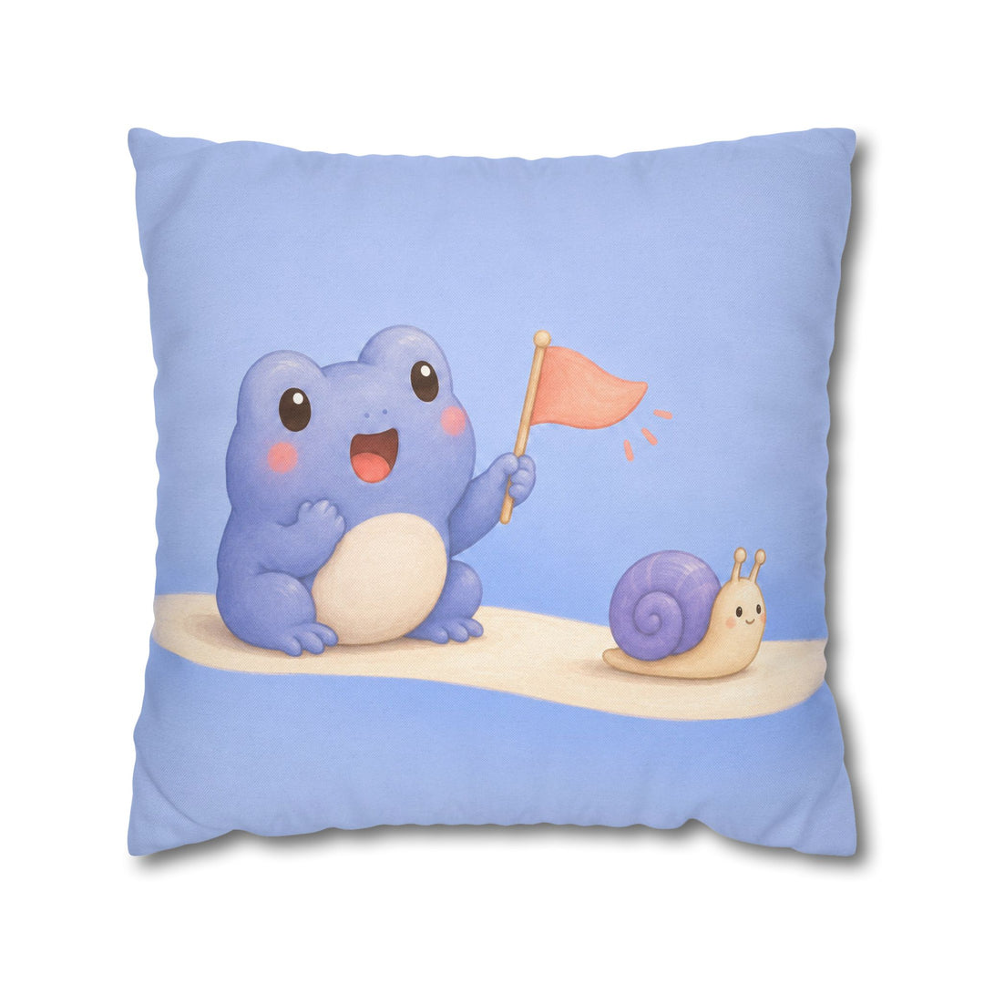 The Tiny Cheer – Kawaii Room Decor with a Frog Cheering a Snail – Pillow / Cover