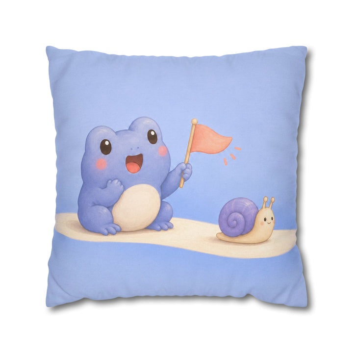 The Tiny Cheer – Kawaii Room Decor with a Frog Cheering a Snail – Pillow / Cover