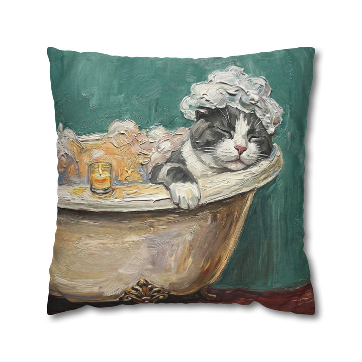 "Spa Day" - Grey & White Bicolor Throw Pillow - Cat Lover Home Decor
