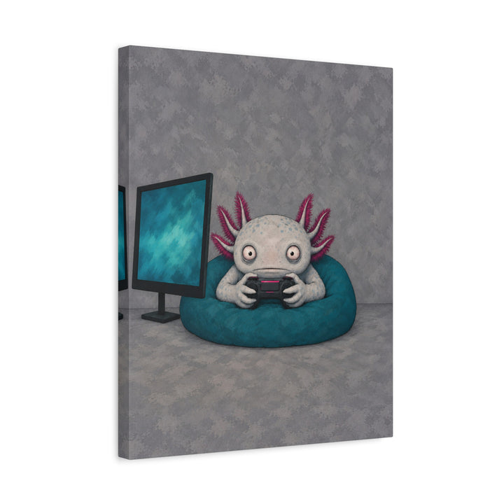 One More Level – Gaming Wall Art with an Axolotl in Monitor Glow – Canvas / Framed Canvas