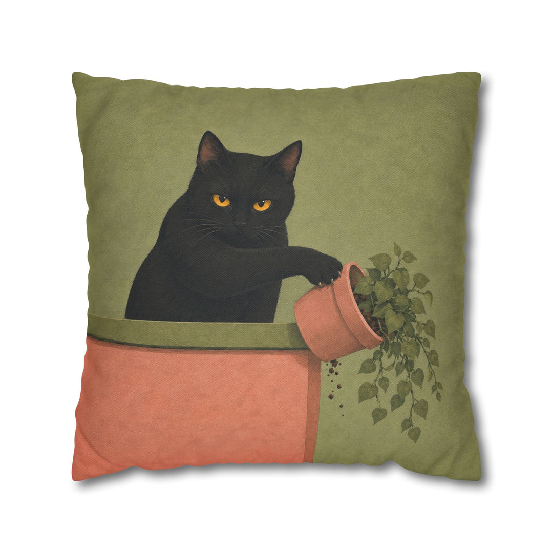 Plant Assassin – Funny Cat Art with a Potted Victim and Eye Contact – Pillow / Cover