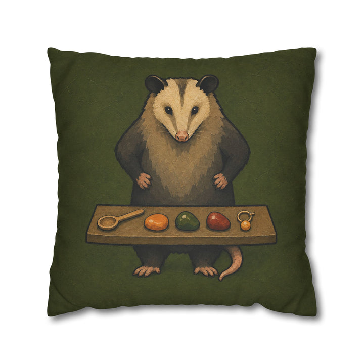 The Goblin's Treasury – Goblincore Decor with an Opossum Guarding Treasures – Pillow / Cover