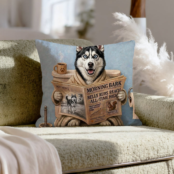 "Morning Business" - Husky Throw Pillow - Dog Lover Home Decor