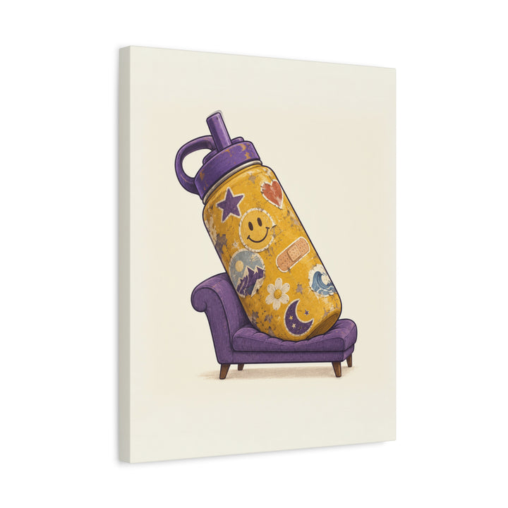 Emotional Support Water Bottle – Funny Wall Art with a Giant Flask on a Therapy Couch – Canvas / Framed Canvas