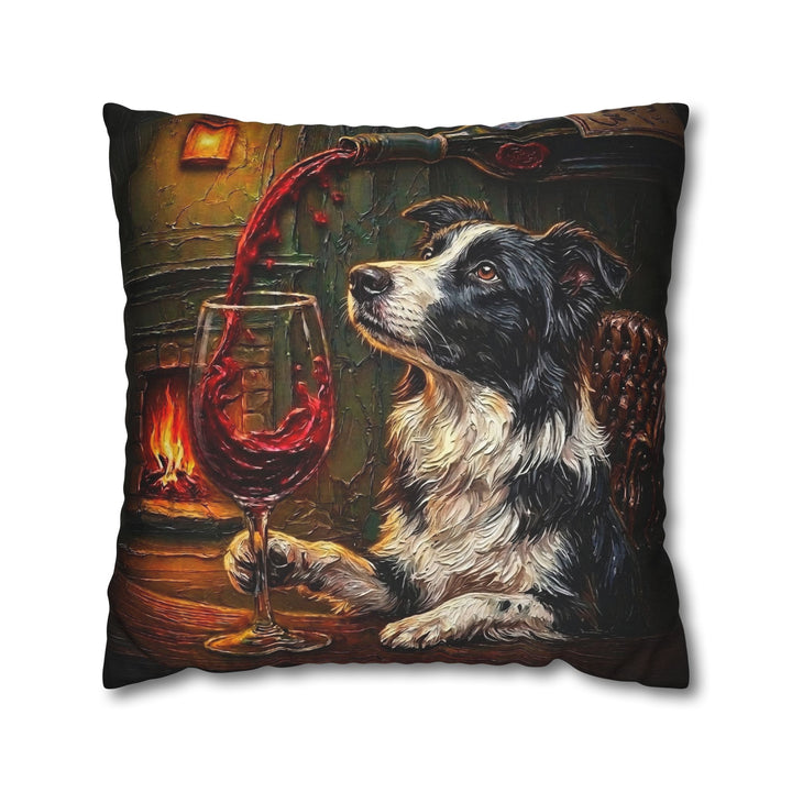 "Wine & Woof" - Border Collie Pillow Cover - Dog Lover Home Decor