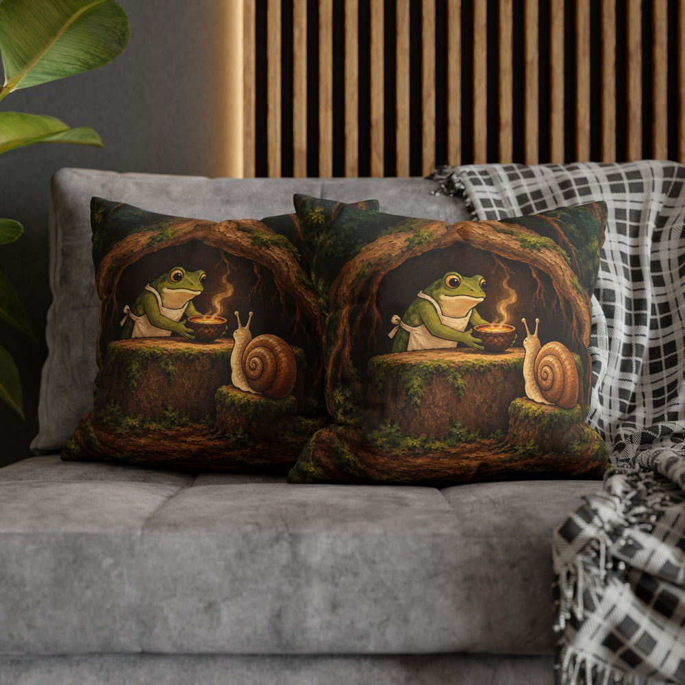 Mud Kitchen, Open Late – Cottagecore Decor with a Frog Serving Under a Root – Pillow / Cover