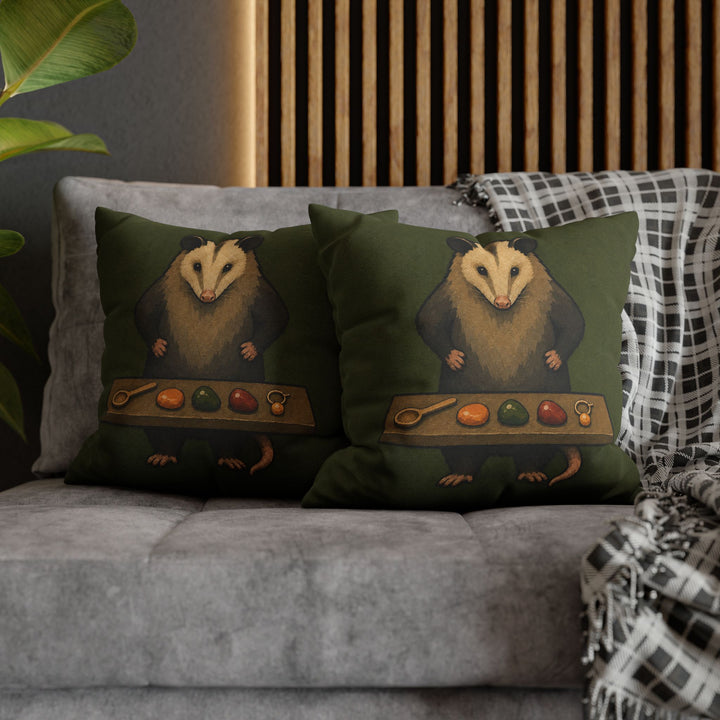 The Goblin's Treasury – Goblincore Decor with an Opossum Guarding Treasures – Pillow / Cover