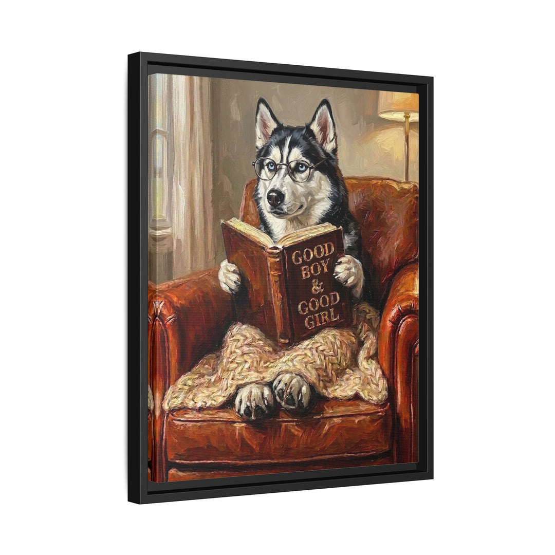 "Evening Read" - Husky Vertical Framed Canvas - Dog Lover Wall Art
