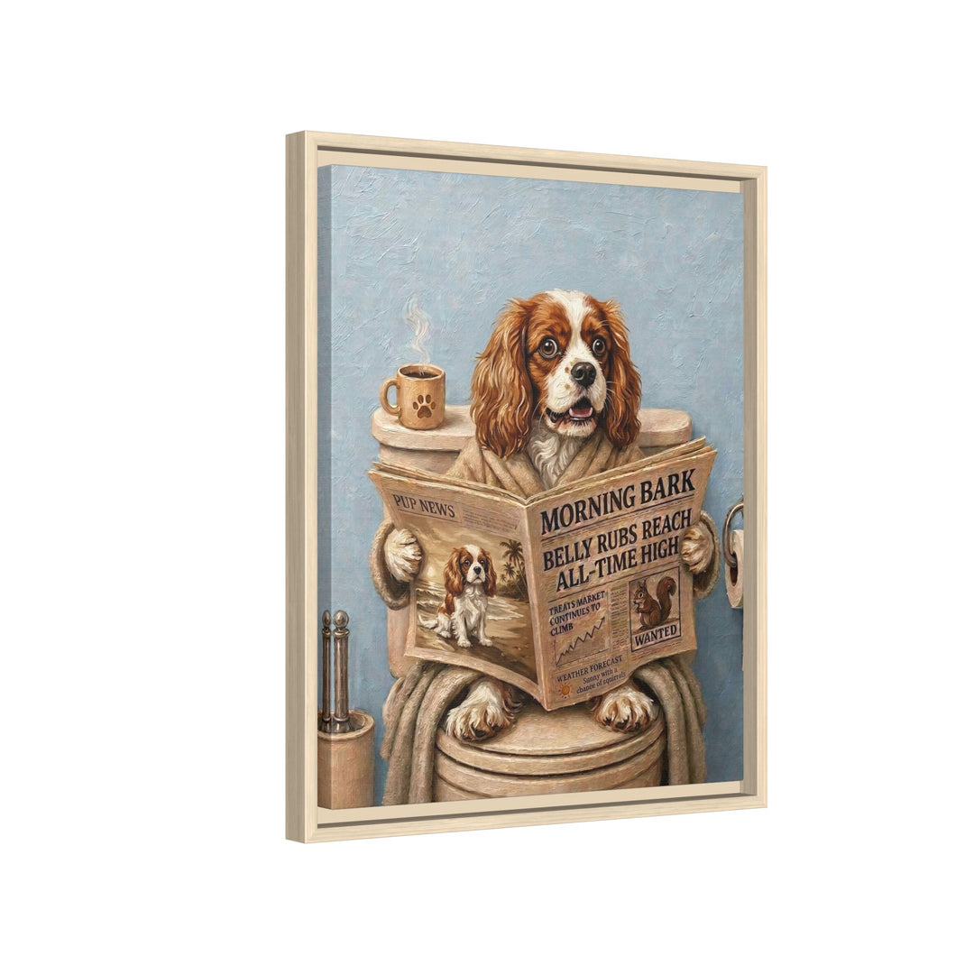 "Morning Business" - Cavalier King Charles Vertical Framed Canvas - Dog Lover Wall Art