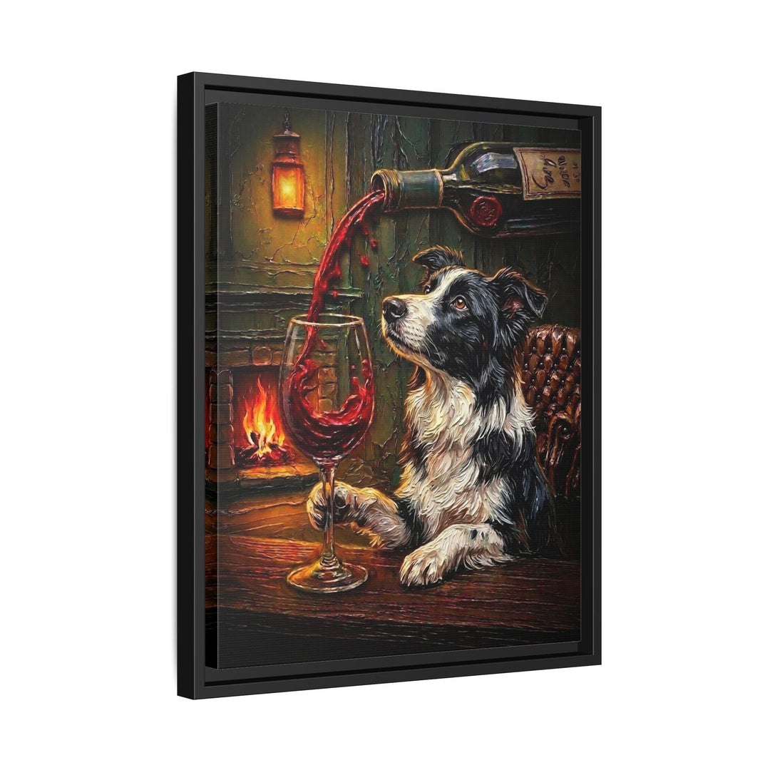 "Wine & Woof" - Border Collie Vertical Framed Canvas - Dog Lover Wall Art
